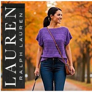 LAUREN by RALPH LAUREN - Classic cable knit short sleeve purple tunic sweater